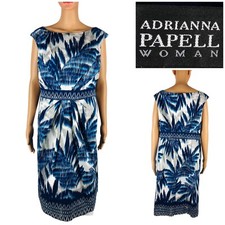Adrianna Papell Women 14w Dress Blue Tropical Print Work Office Cotton Blend EUC