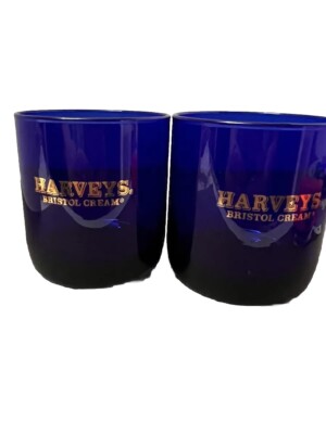 Set of 2 Harveys Bristol Cream Cobalt Blue Rocks Lowball Glasses. Pre-Owned 3.5 