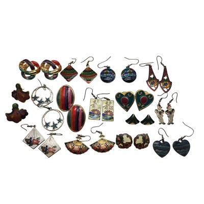 15 Pair Enamel Earrings Lot Funky Art Deco Whimsical Geometric Designs READ DESC