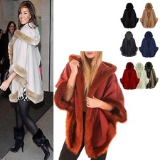 Women Faux Fur Trim Hooded Celebrity Poncho Ladies Designer Cape Coat Shawl