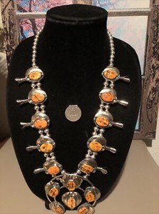 Estate Sales Genuine SPINY OYSTER Squash Blossom Necklace, stamped 925, RARE