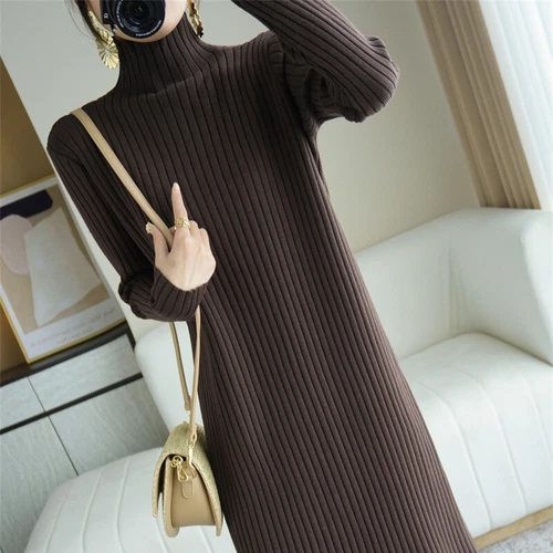 Lady Midi Knitted Dress High Neck Jumper Dress Long Sleeve Baggy Sweater Winter - Picture 12 of 18