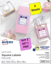 [3 Sheets] Avery 22805 White Square Labels LASER/INKJET 1 1/2 x 1 1/2 B2G1