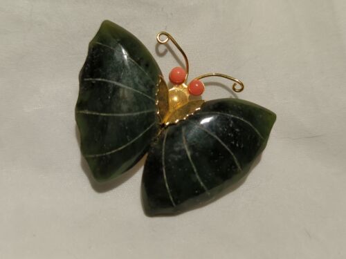 Vintage Jade And Coral Butterfly Pendant with Gol… - image 1