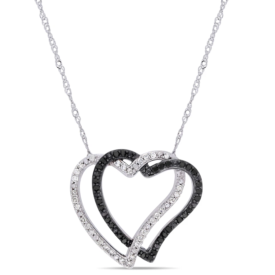Colgante con corazón de diamante enchapado en rodio blanco y negro de oro blanco de 10 k Amour con cadena