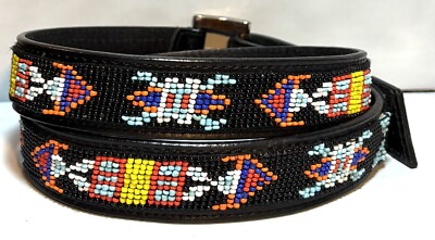 Chicos Black Leather Southwestern Beaded Belt Sz S/M 1.25 