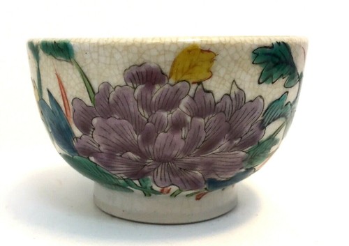 Ciotola ceramica vintage cinese dipinta a mano floreale di loto " x " timbro verde - Foto 5 di 9