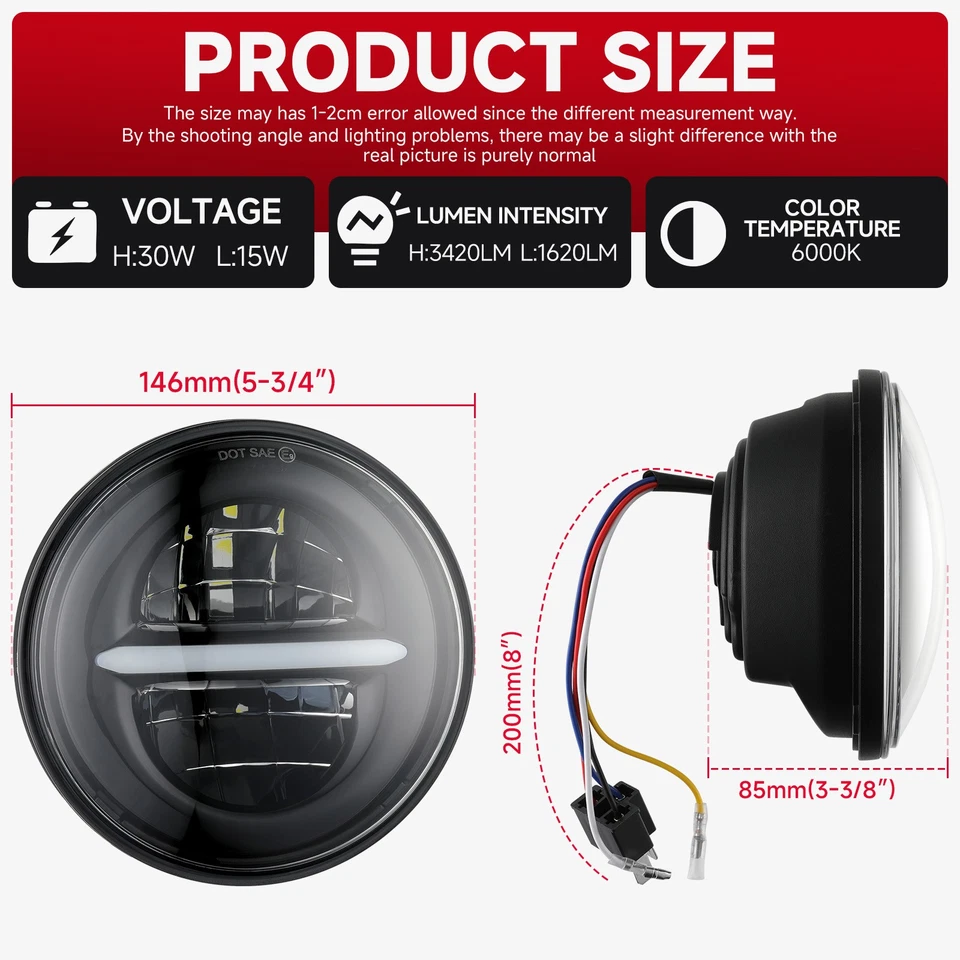 Luz de circulación blanca alta/baja de 5 3/4" para Harley Dyna Softail Sportster 883 Foto 3 de 4
