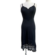 Vintage 90s Vanity Fair Black Full Slip Lace Trim Nylon Dress 34