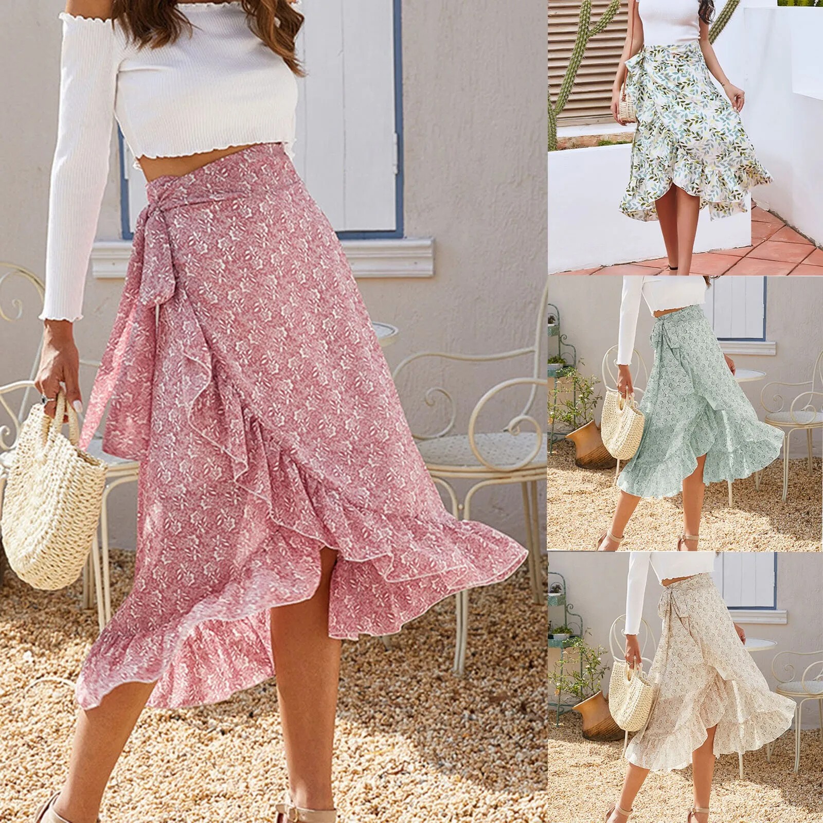 Falda Boho Estampado Floral Cintura Alta Cinturón Una Línea Falda Falda Asimétrica Volantes