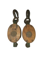 Antique Wooden Double Pulley Blocks Anchor Iron Hooks Nautical Maritime Pair