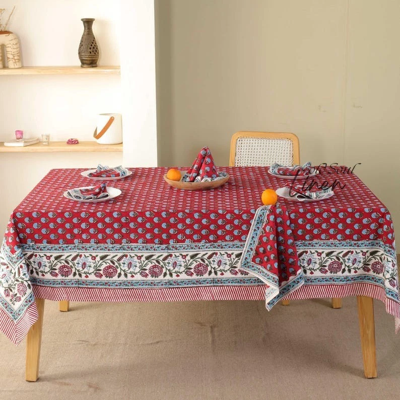 Vintage Hand Block Floral Printed Cotton Tablecloth for Dining Room & Kitchen - Image 2 of 4