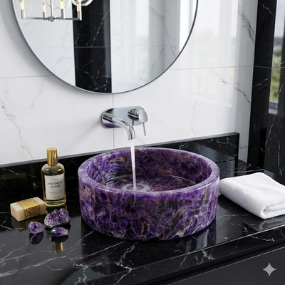 Custom Purple Amethyst Vessel Sink | Handcrafted Purple Gemstone Bathroom Basin