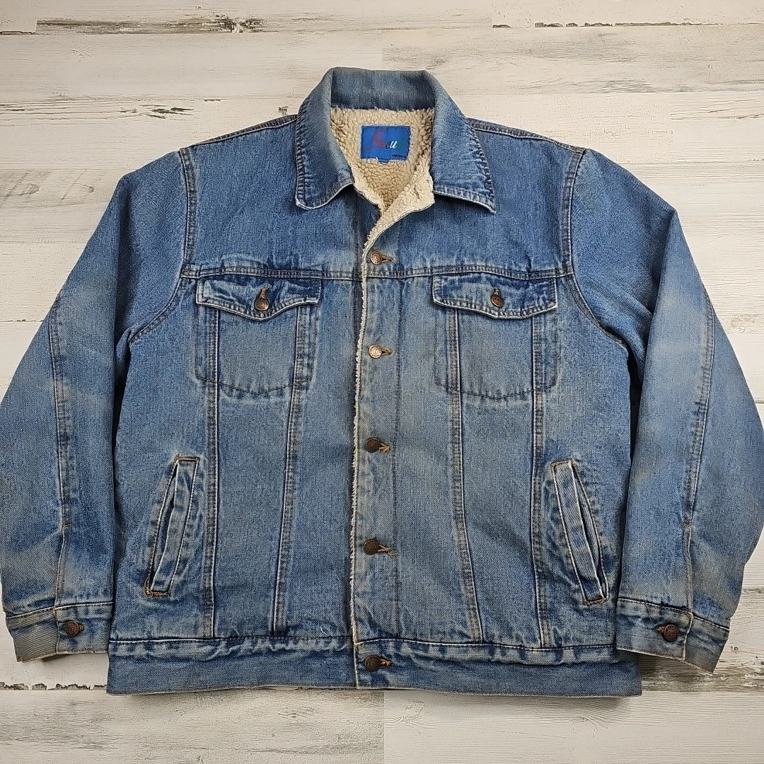 Jacub Sportswear Denim Jacket Mens Large Blue Button Up Sherpa Lining