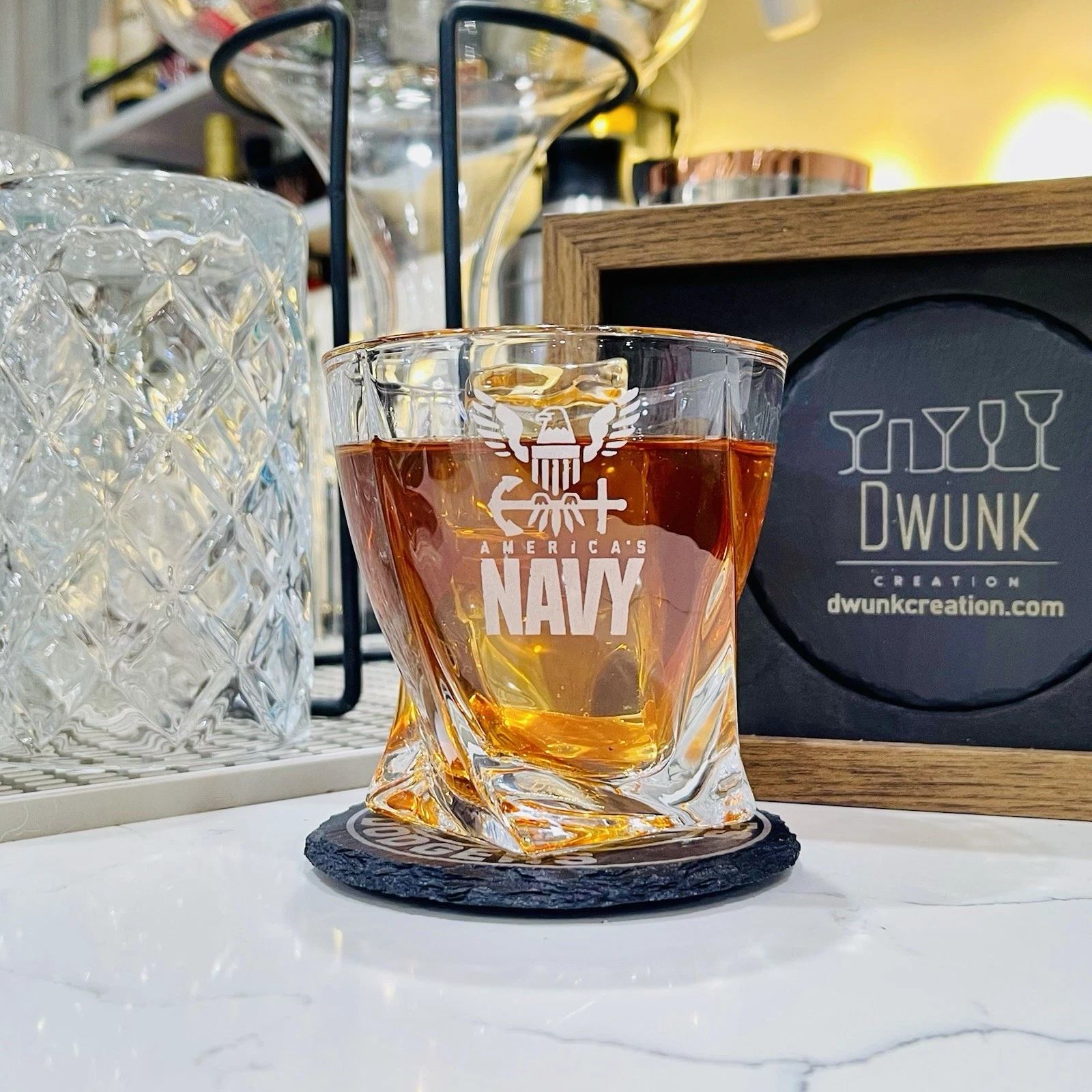 Engraved US Navy Whiskey Glass – Twisted Rocks Glass