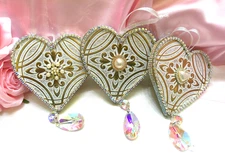 Shabby Chic Victorian~3 Gold Embossed Heart Ornaments~AB Rhinestone Trim~OOAK