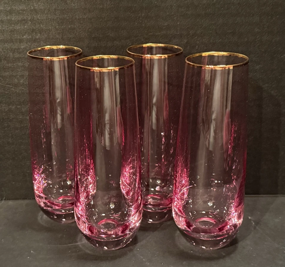 无节制香槟长笛 ~ 美丽的粉红色透明眼镜 带金边 罕见 ~ 4 件套 — 第 2/4 张图片