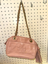 Tory Burch Pink Small Shoulder Bag Pebbled Finish Gold Chain Tassel Zip