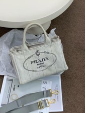 Prada Canapa Gray Denim Canvas Top Handle Shoulder Strap AUTH EUC