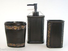 NEW 3 PC SET BROWN RESIN+COPPER MOSAIC SOAP DISPENSER+TOOTHBRUSH HOLDER+TUMBLER