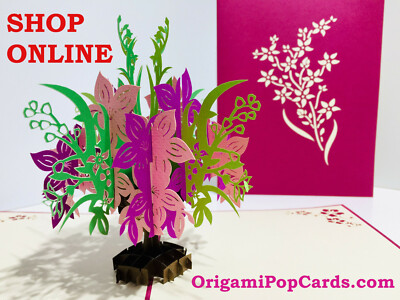Origami Pop Cards Pink & Purple Flower Bouquet 3D Pop Up Greeting Card ...