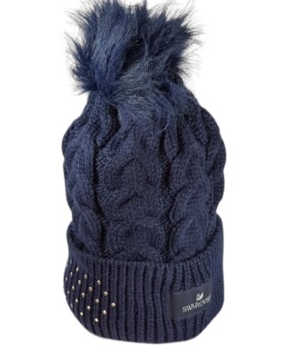 Swarovski Knit Blue Beanie Hat Fuzzy Pom Pom One Size | eBay