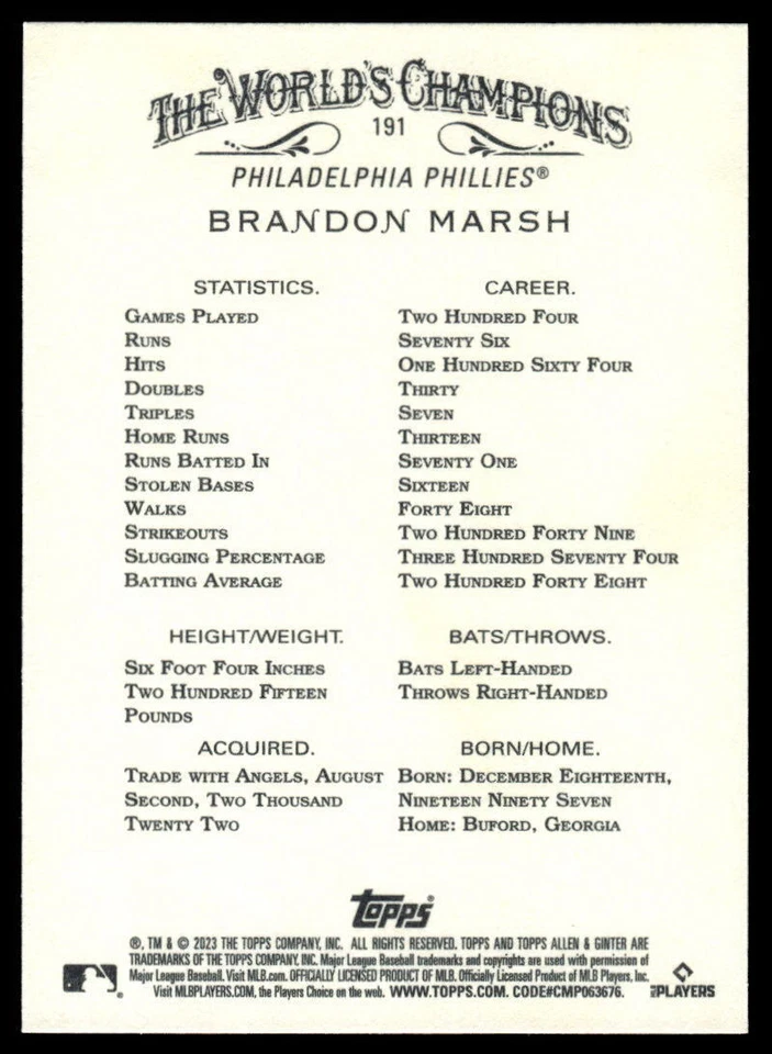 2023 Topps Allen & Ginter X Brandon Marsh #191 Baseball Card Phillies - Image 2 of 2