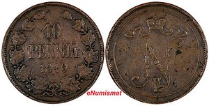 FINLAND Nicholas II Copper 1910 10 Penniä Low Mintage-241,000 RARE KM# 14 (531)