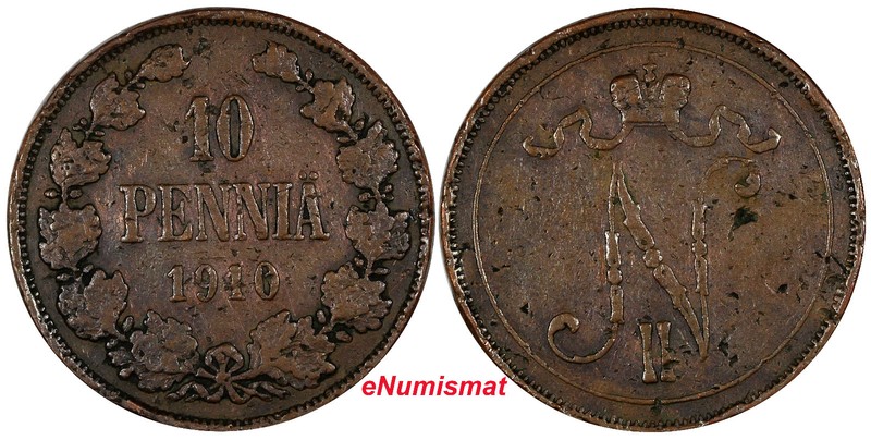 FINLAND Nicholas II Copper 1910 10 Penniä Low Mintage-241,000 RARE KM# 14 (531)