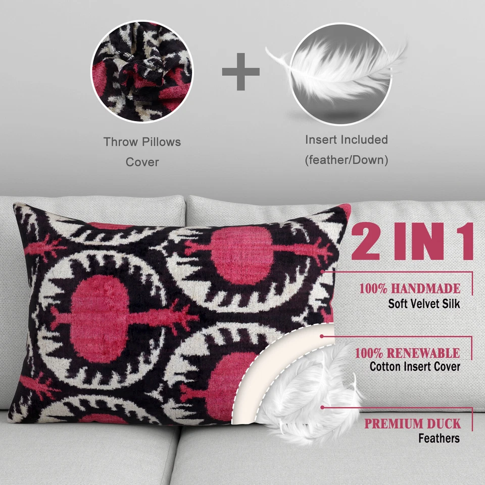 Travesseiro retangular feito à mão com inserção de penas de veludo vermelho 16 x 24 pol (40 x 60 cm) - Imagem 2 de 4