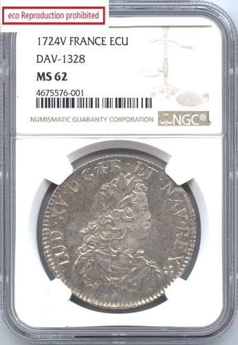 France Ecu de France 1724(V) Mint:Troyes Louis XV (1715-1774) NGC-MS62