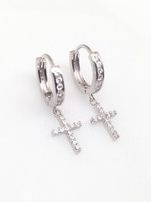 925 Sterling Silver Cz Cross Dangle Huggie Hoop Earrings Mens Womens 25mm/0.98"