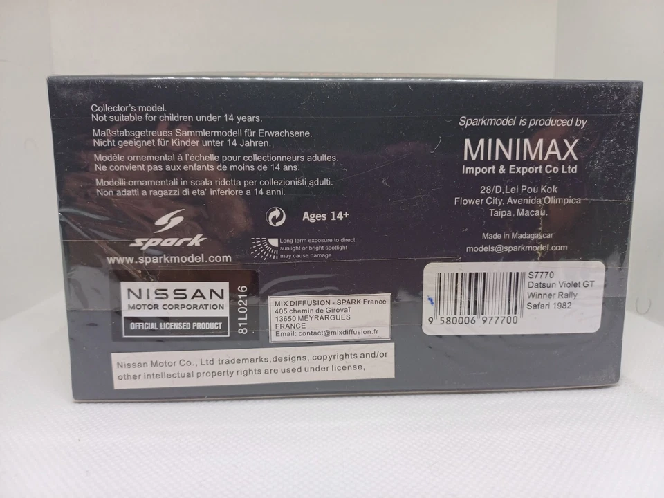 SPARK S7770 1/43 DATSUN VIOLET GT MEHTA - DOUGHTY WINNER SAFARI RALLY 1982 - Immagine 3 di 3