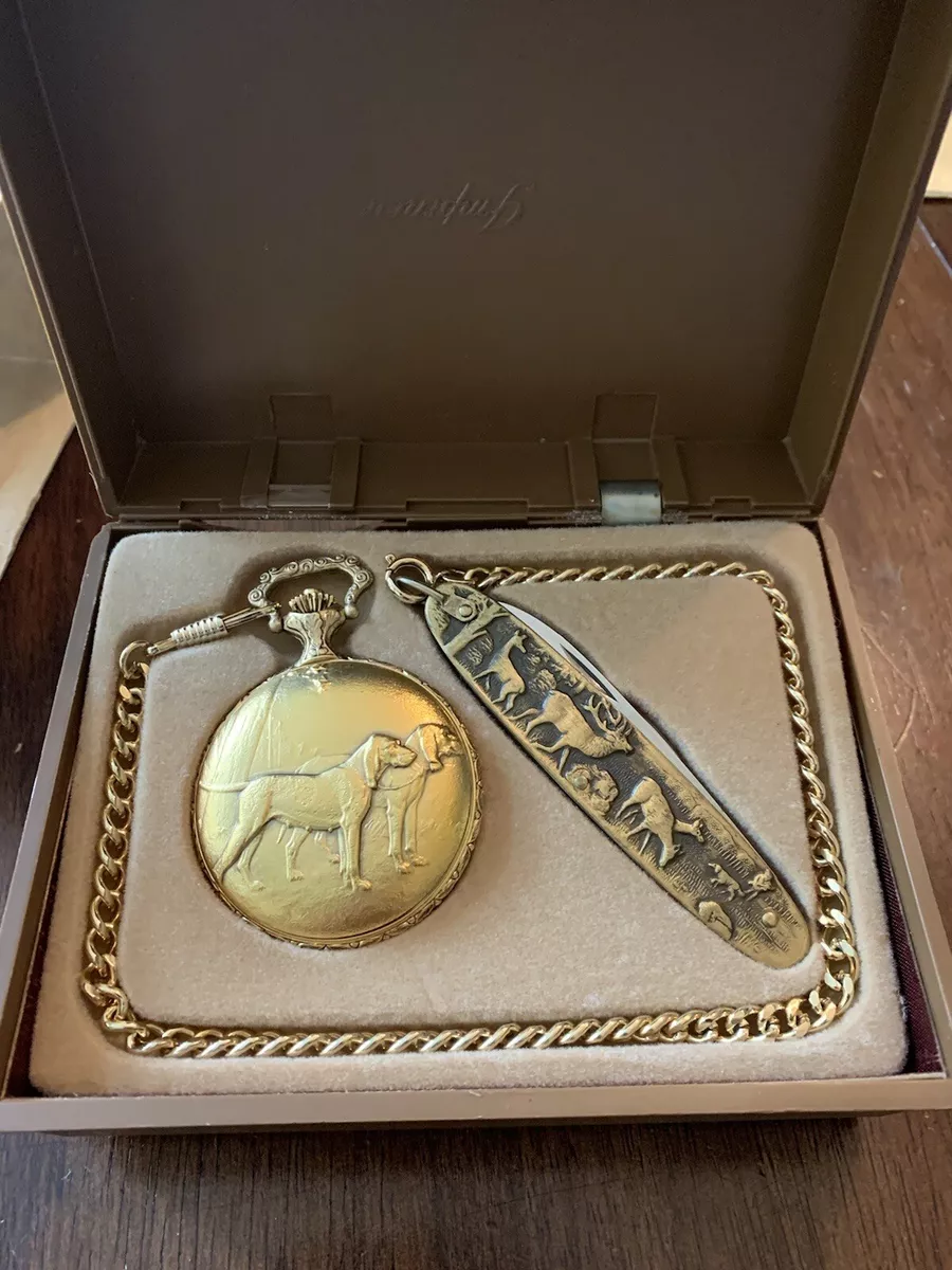 Vintage Majestron Quartz Gold Pocket Watch Knife Set Hunter Engraved
