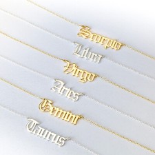 Silver Gold Zodiac Necklace Gothic Old English Astrology Star Horoscope Pendent