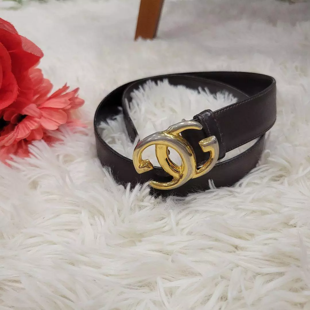 Ceinture pantalon fine habillé doré x marron GUCCI   rang B, rayures et fils présents