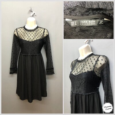 Zara Basic Collection schwarzes transparentes Netzkleid mit Schnürung Small