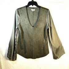 Liberty Garden Sz Small Top Faux Suede Bodice Satin Flare Sleeves Stitch Details