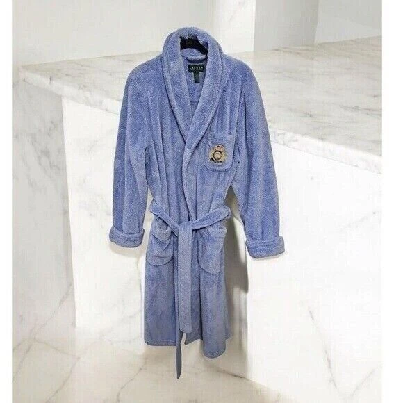 Lauren Ralph Lauren Bata de Felpa Acogedora Spa Baño Dormir Ropa de Salón Azul Cresta Logo XL Foto 2 de 4