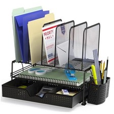 Mesh Desk Organizer with Sliding Drawer, Double Tray and 5 Upright Black