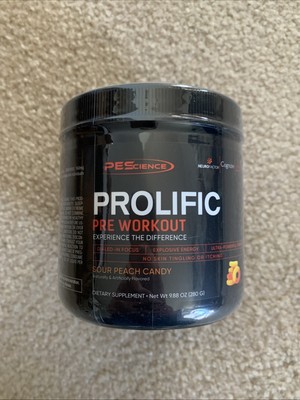 Pescience prolific pre workout powder sour peach candy caffeinated caffeine pump