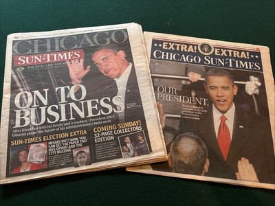 CHICAGO SUN TIMES BARACK OBAMA  ORIGINAL NEWSPAPERS 11/6/08  & 1/20/09