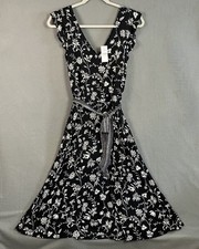 LOFT Women's Black Floral Sleeveless A-Line Midi Dress Tie Belt Size 6 NWT