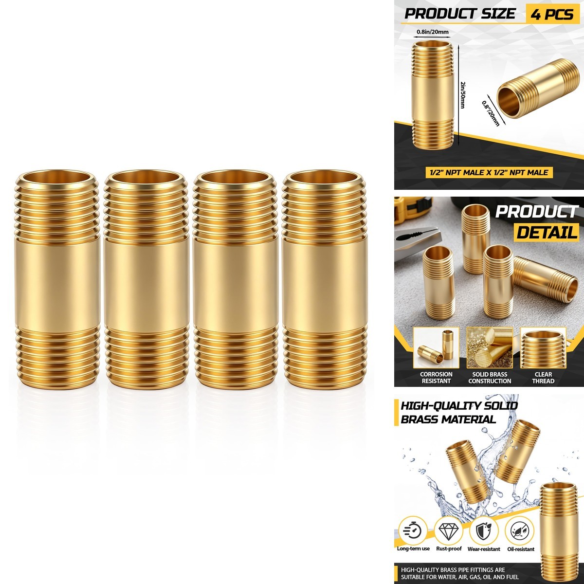 Otoolling 4 Pcs Brass Long Nipple 1/2" NPT Male x 1/2" NPT Male 2" Length