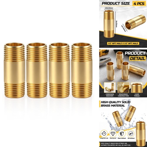 Otoolling 4 Pcs Brass Long Nipple 1/2" NPT Male x 1/2" NPT Male 2" Length
