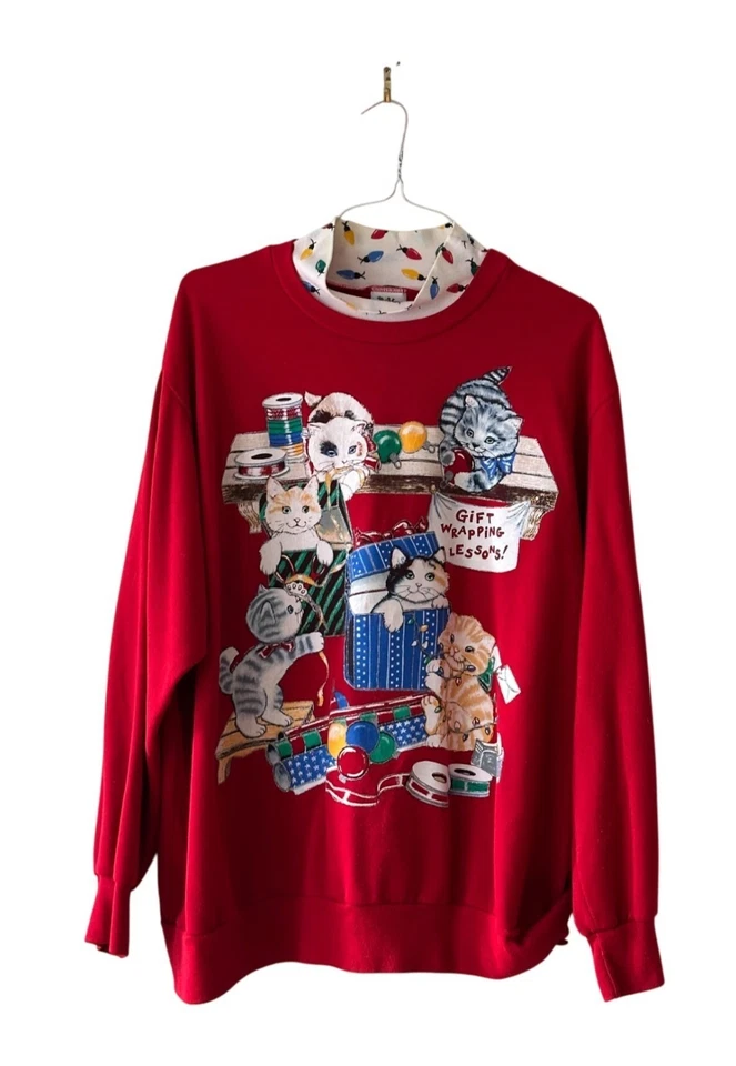 Sudadera de Navidad roja cascanueces vintage talla 3X regalo envoltura gatos impresión arte Foto 2 de 4