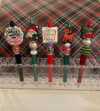 Set 5 Santa Cookies Reindeer Holiday Season Beaded Pens Handmade 5 Free Refills