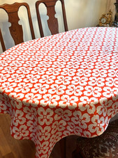 Table cloth white flowers on orange/ red, 52x 80 , new handmade rectagular