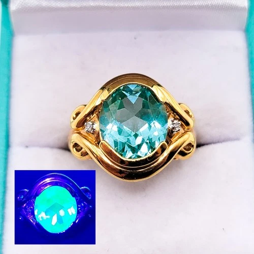 Vintage Aqua UV Spinel Ring 925 Gold Plated Sterling Size 7 Uranium Glass