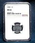 1943 Lincoln Steel Wheat Cent Penny 1c - NGC MS66
